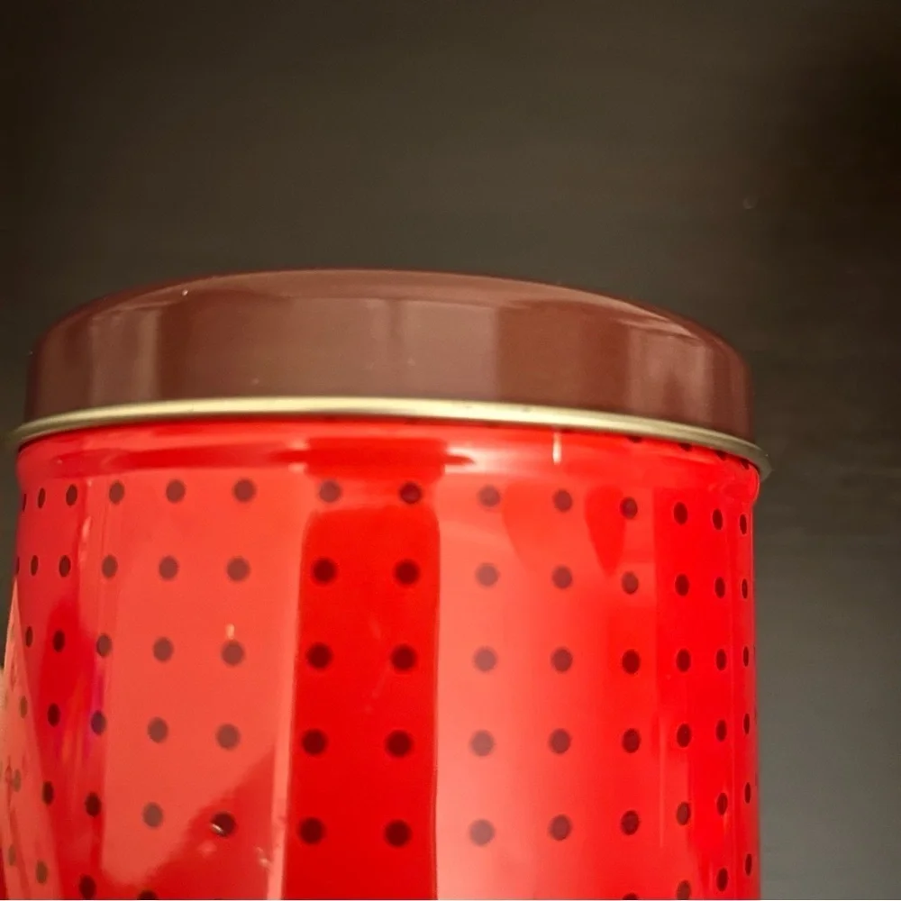 Rare Vintage Mrs Fields cookies tin with polka dot design 4” diameter 4” tall